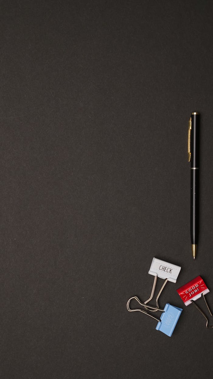 trusted-partner Minimalist overhead shot of a pen and assorted binder clips on a black surface.